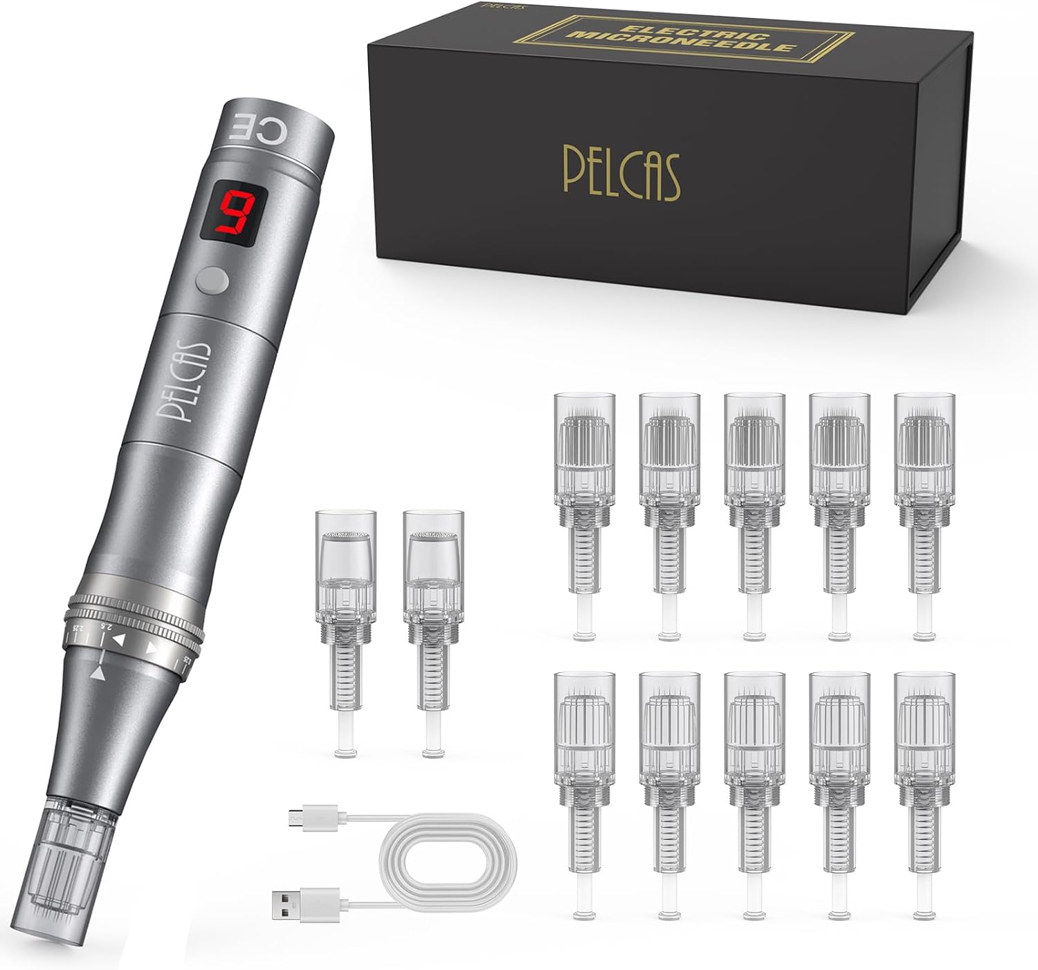 Imagen de PELCASE 9-Speeds Microneedling Pen with LCD Screen, 12 Cartridges, Type-C Rechargeable – Black en OfertitasTOP