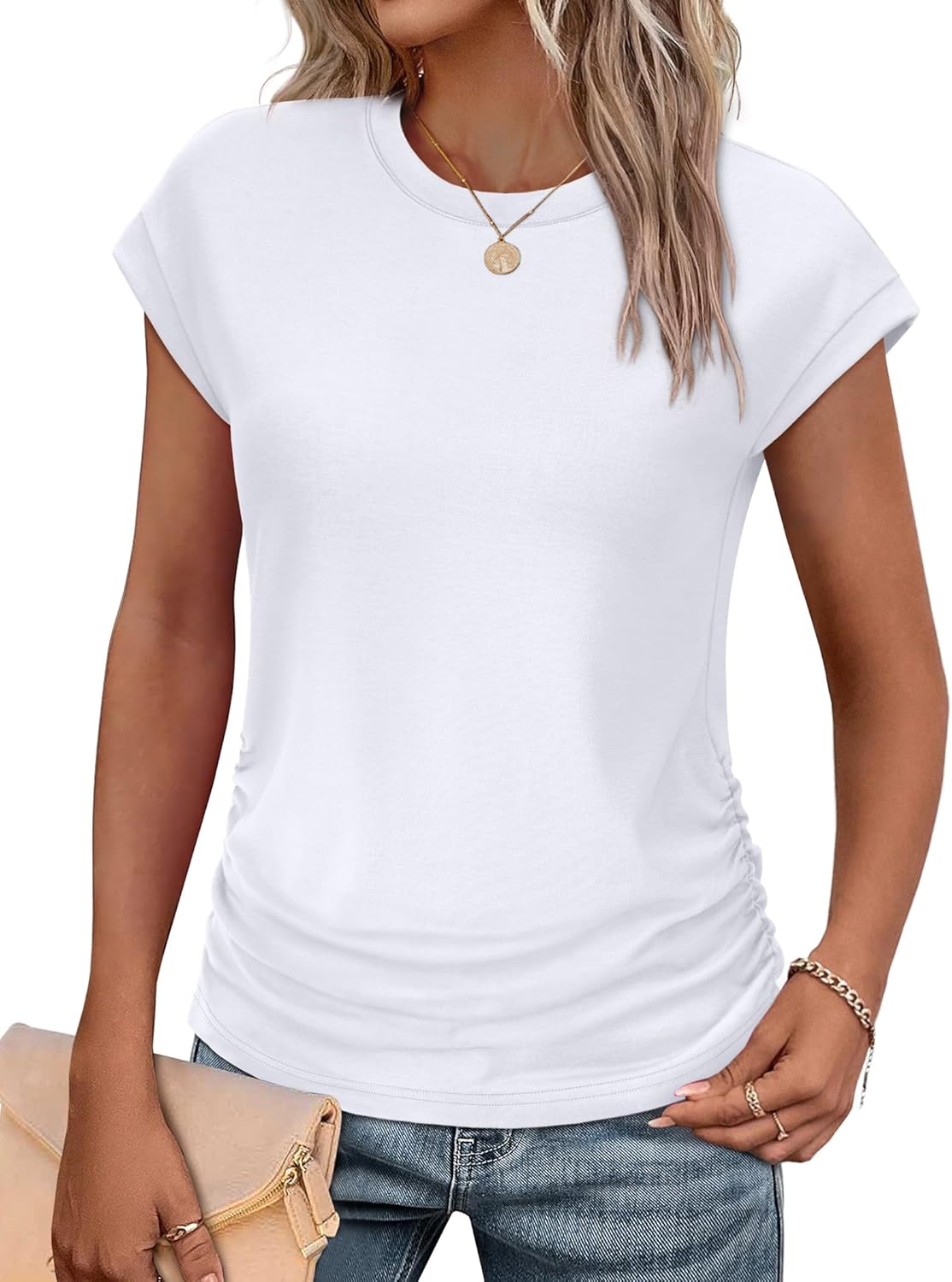 Detalle de SAMPEEL Ruched Cap Sleeve Tee 2025