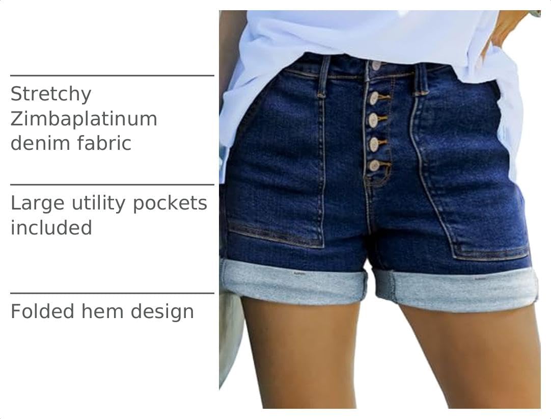Detalle de Sidefeel Women’s High-Waisted Stretch Jean Shorts with Button & Folded Hem