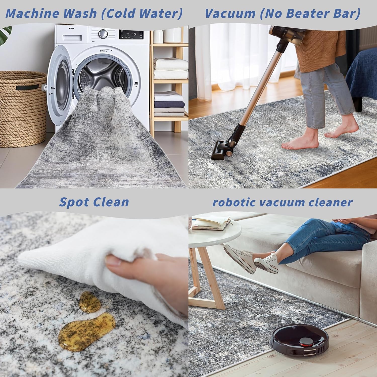 Thumbnail 6 de Kitchen Rug Set 4-Piece with Runner (Washable, Non-Slip) — Blue Grey Modern Abstract Neutral Mats