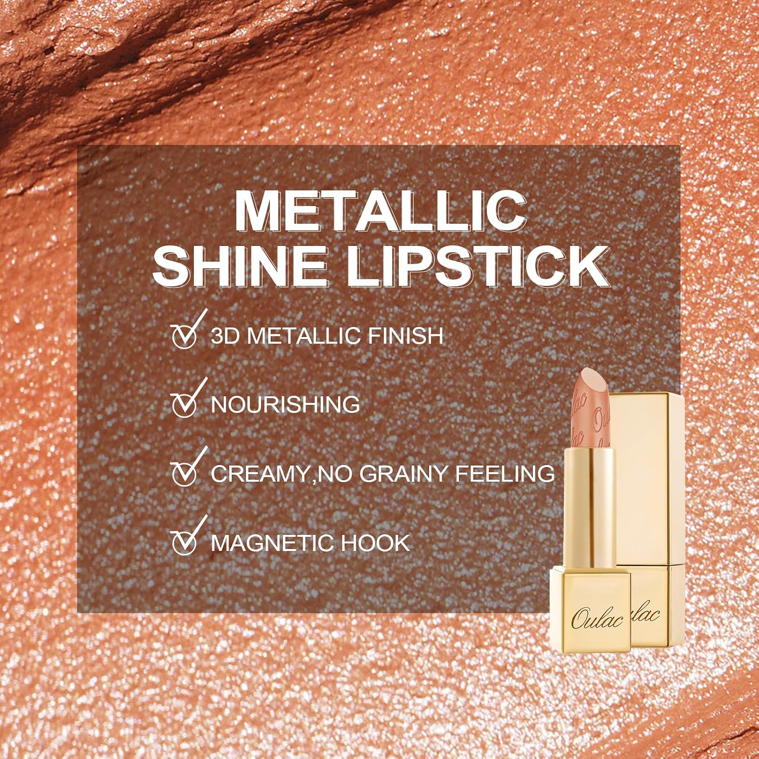 Detalle de OULAC Metallic Glanz Lippenstift „Champagner“ – veganer Lippenstift mit perlenden Schimmerpigmenten