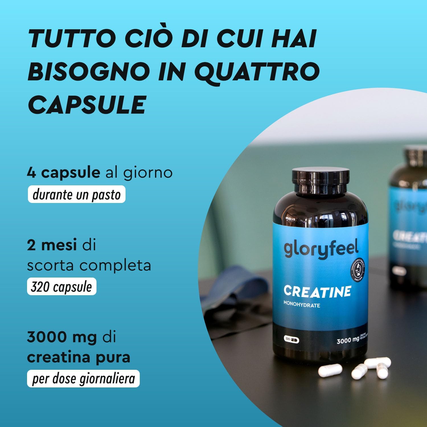Detalle 2 de Creatina Monoidrata 320 Capsule – 3000 mg di Creatina pura per dose, senza OGMs