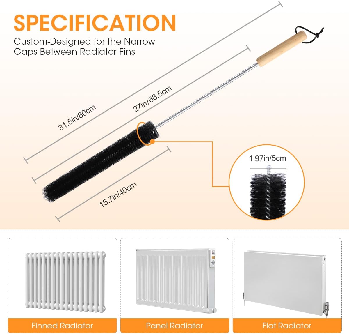 Thumbnail 1 de Aieve Radiator Cleaner Brush (80cm) with Flexible Metal Rod and Wood Handle