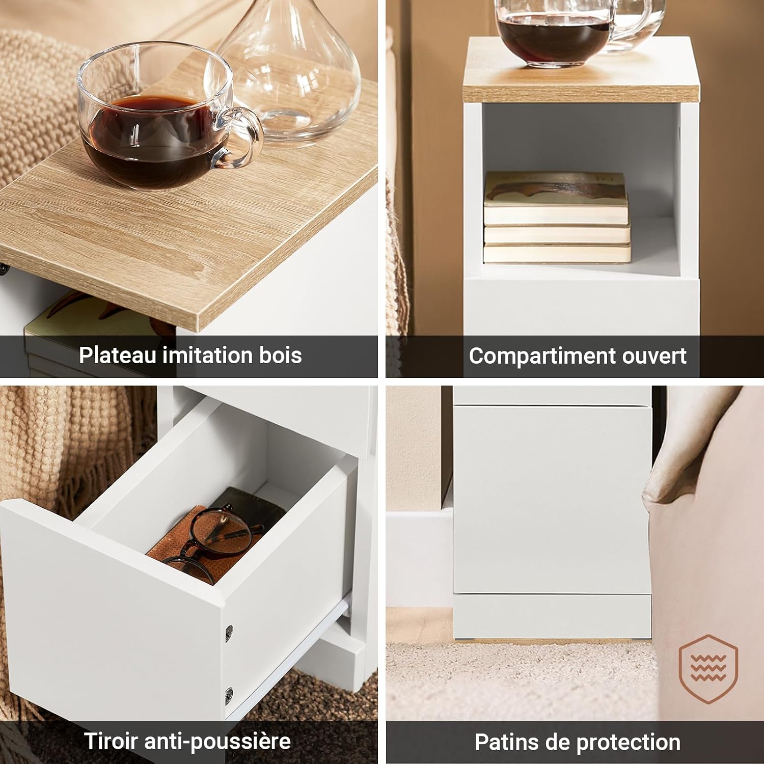 Thumbnail 6 de SoBuy Lot de 2 Tables de Chevet étroites 20 cm – Tables de Nuit avec 2 tiroirs, blanc, L20 x P35 x H60 cm (FBT149-WNx2)