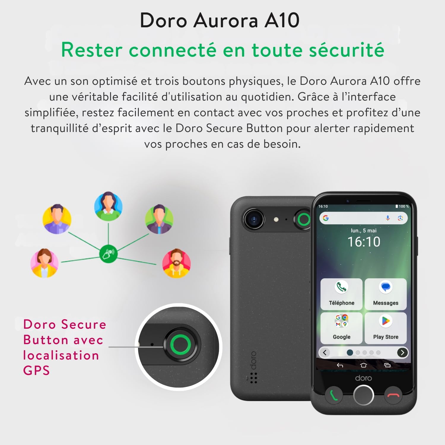 Thumbnail 3 de Doro Aurora A10 – Téléphone portable senior simple et sûr avec SOS, GPS et assistance vocale