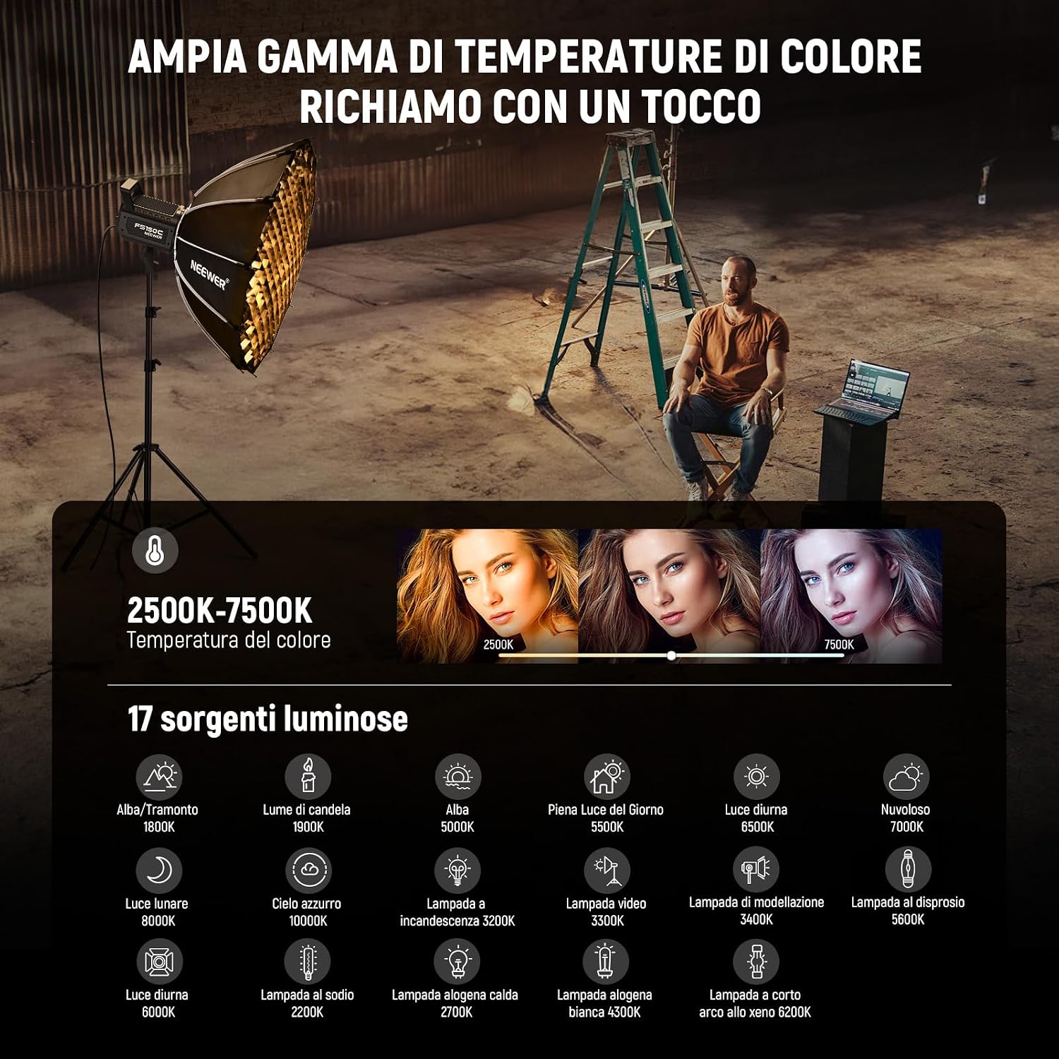 Detalle de NEEWER FS150C luce video LED RGB 130W con controllo APP/2,4G e attacco Bowens