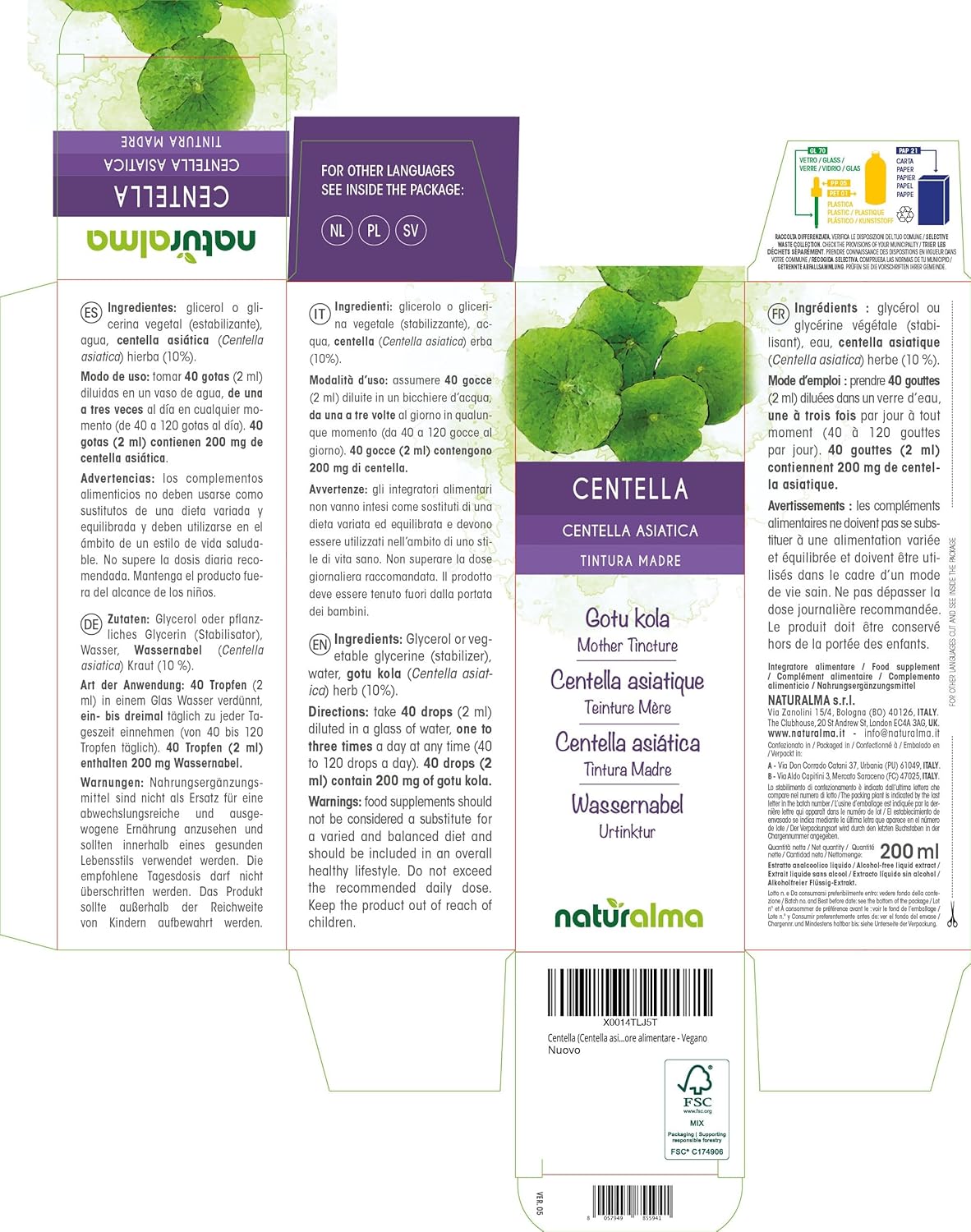 Detalle de Centella asiatica in Tintura Madre analcoolica – Naturalma, estratto liquido 200 ml