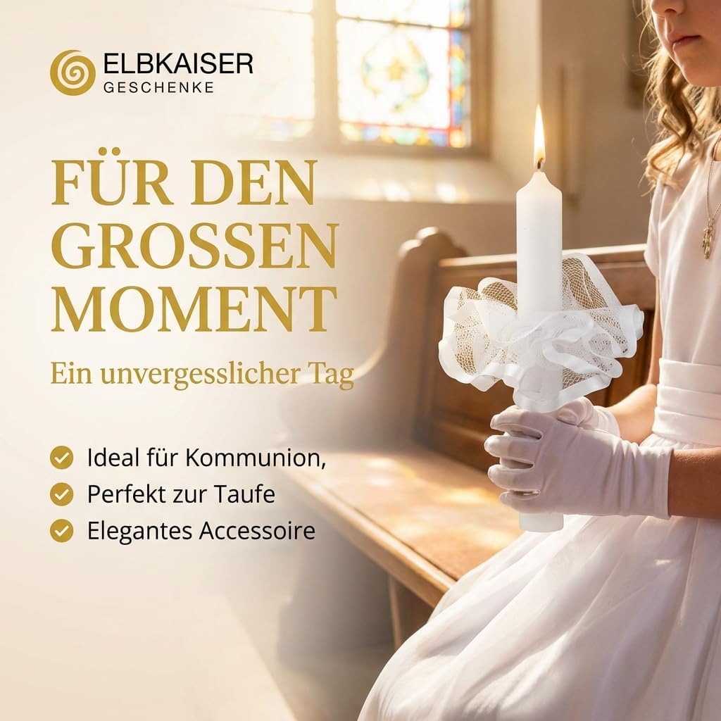 Detalle de ELBKAISER Tropfschutz für Kommunionkerze & Taufkerze aus Tüll – weißer Wachsschutz (Handarbeit) für Ø 2–4 cm