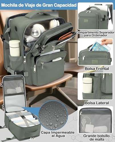 Detalle de LYNXCHER Mochila de cabina 45x36x20 cm para viaje y portátil 15.6'' – Verde claro