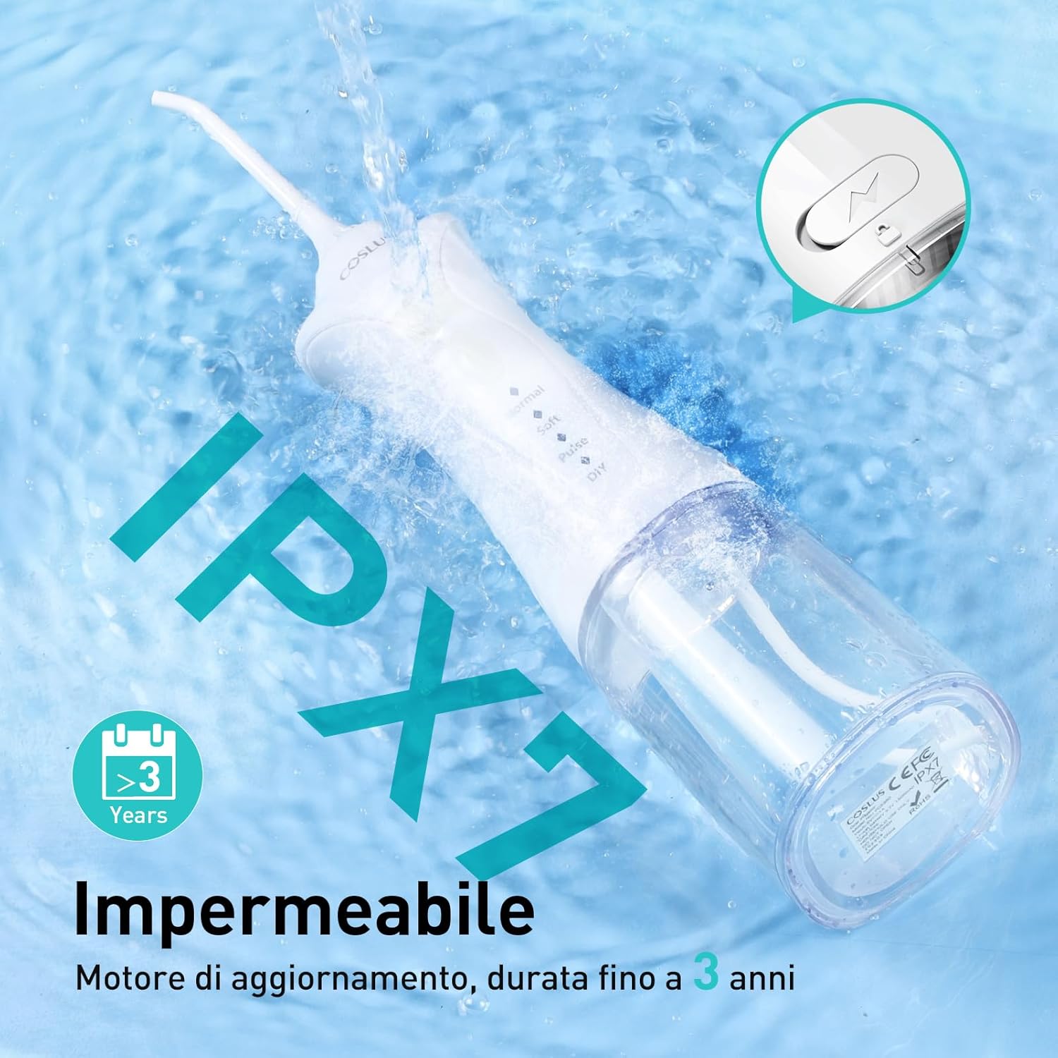Detalle de COSLUS C30 idropulsore dentale portatile senza fili da 300 ml, 4 modalità e 11 intensità (IPX7) – bianco