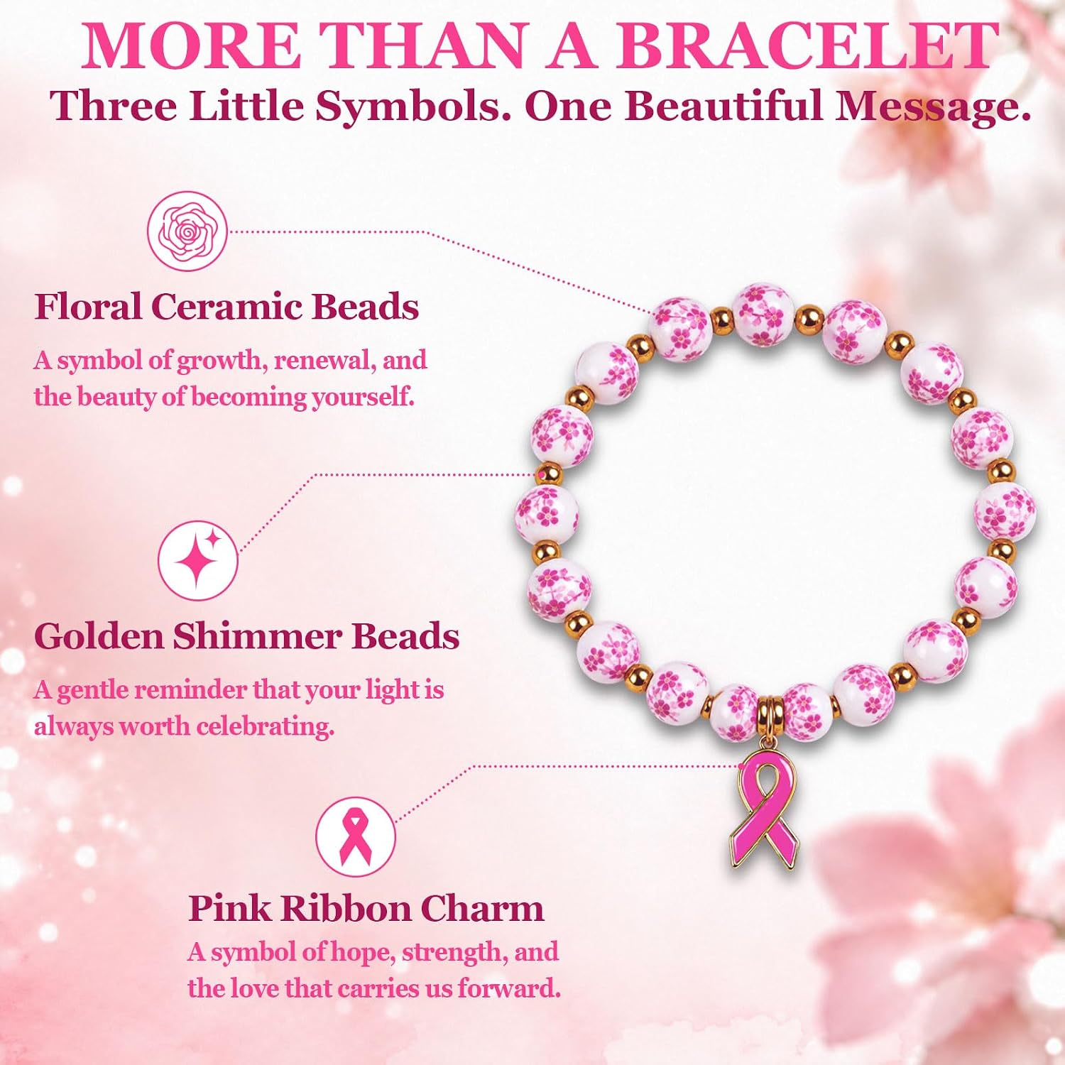 Detalle de Breast Cancer Awareness Bracelet with Ceramic Beads