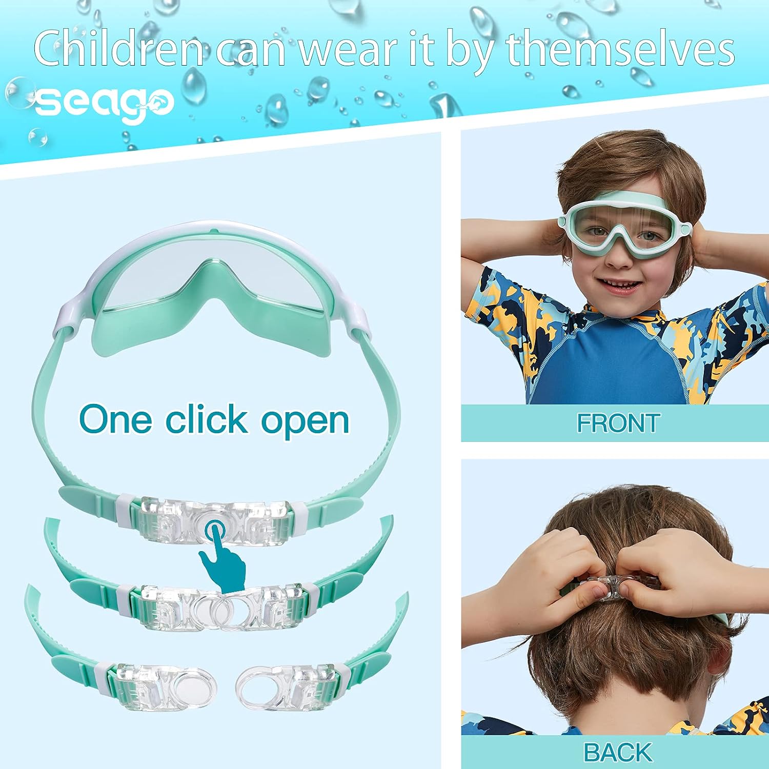 Detalle de Seago Kids' Swim Goggles, Ages 3–14, Anti-Fog, UV Protection, Wide View