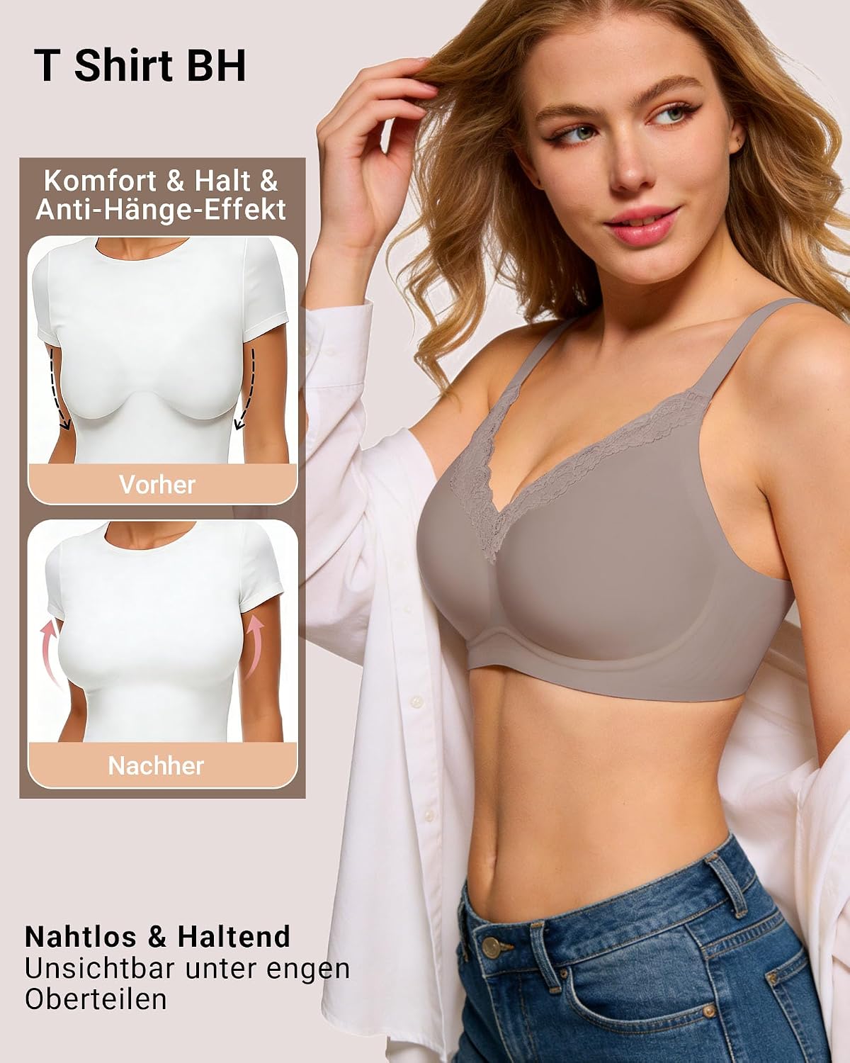 Thumbnail 3 de HORISUN BH Damen ohne Bügel mit V-Ausschnitt und Spitzenbesatz – nahtlos, sanfter Halt und vielseitig einsetzbar