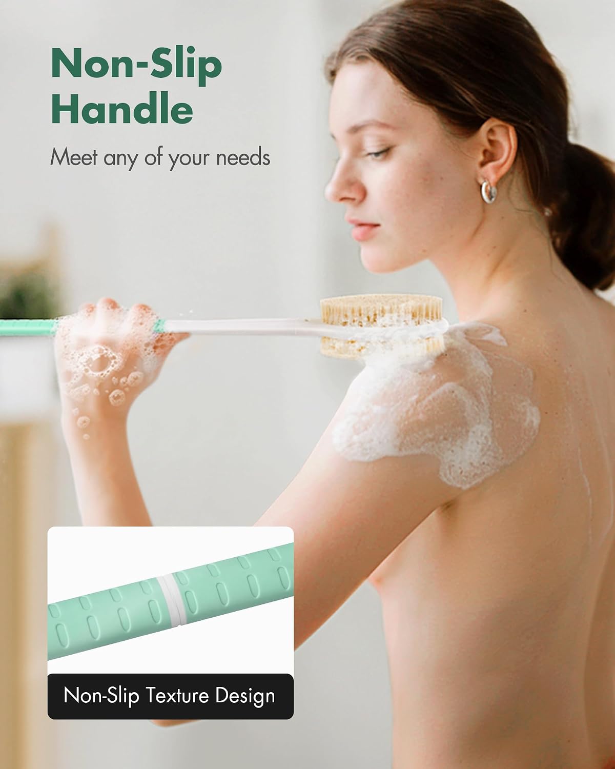 Detalle de Back Scrubber Body Shower Brush with Anti-Slip Long Handle (Mint Green) – Stiff & Soft Double-Sided Bristles
