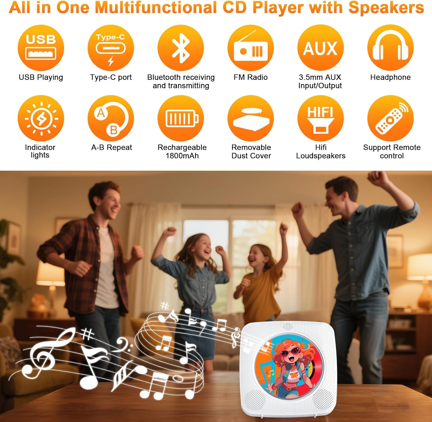 Detalle de Gueray portable Bluetooth CD player with rechargeable battery, FM radio, USB & AUX