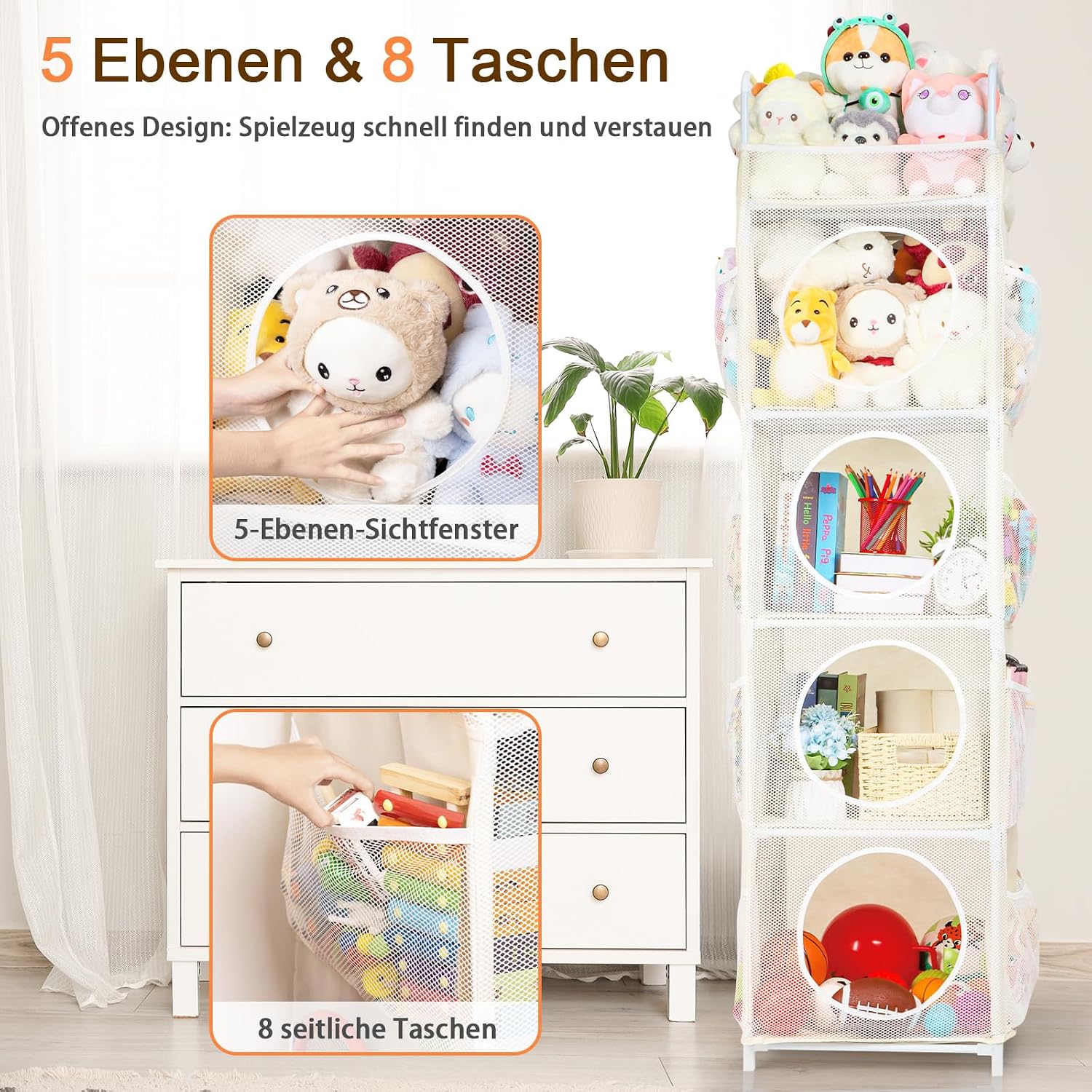 Thumbnail 1 de AXHOP Kuscheltier Aufbewahrung: 42×42×162 cm, 5 Etagen + 8 Netztaschen, Beige