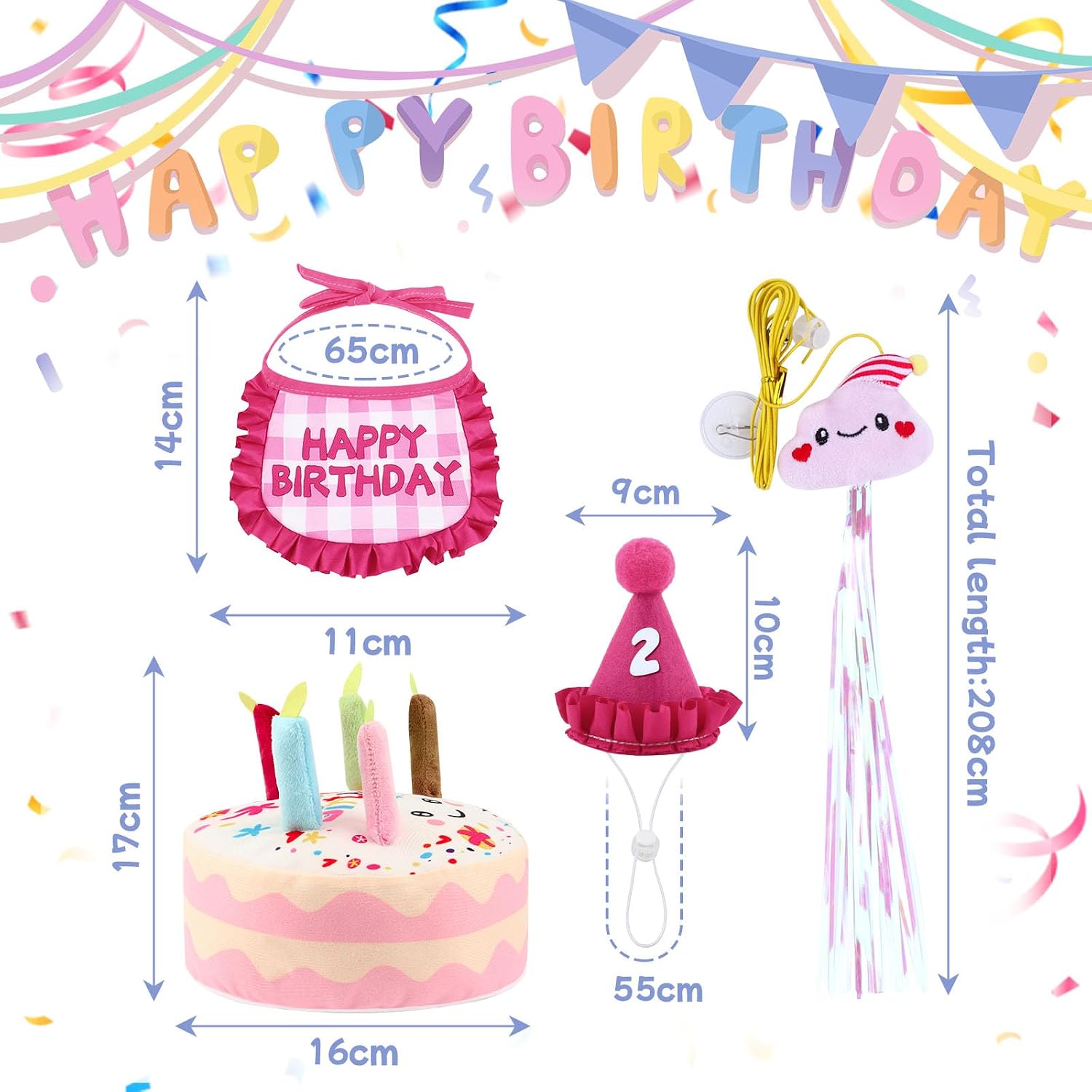 Thumbnail 1 de La Desire Katzen Geburtstag Outfit Set (Bandana & Hut, 0–9 Zahlen) inkl. Plüsch-Torte und hängendem Katzenspielzeug mit Katzenminze – Rosa