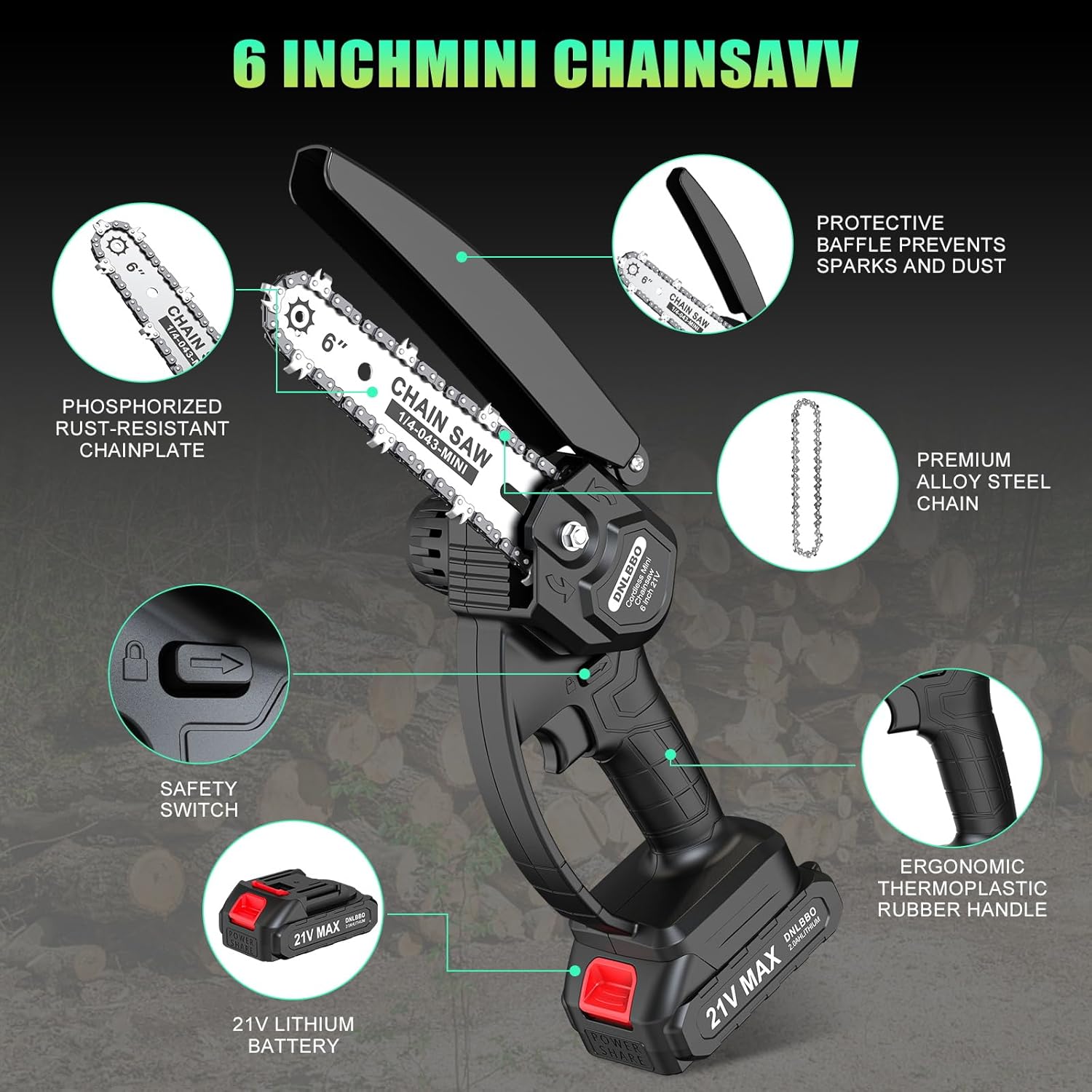 Detalle de DNLBBO 6-Inch Cordless Mini Chainsaw with Power Display and 700W Motor