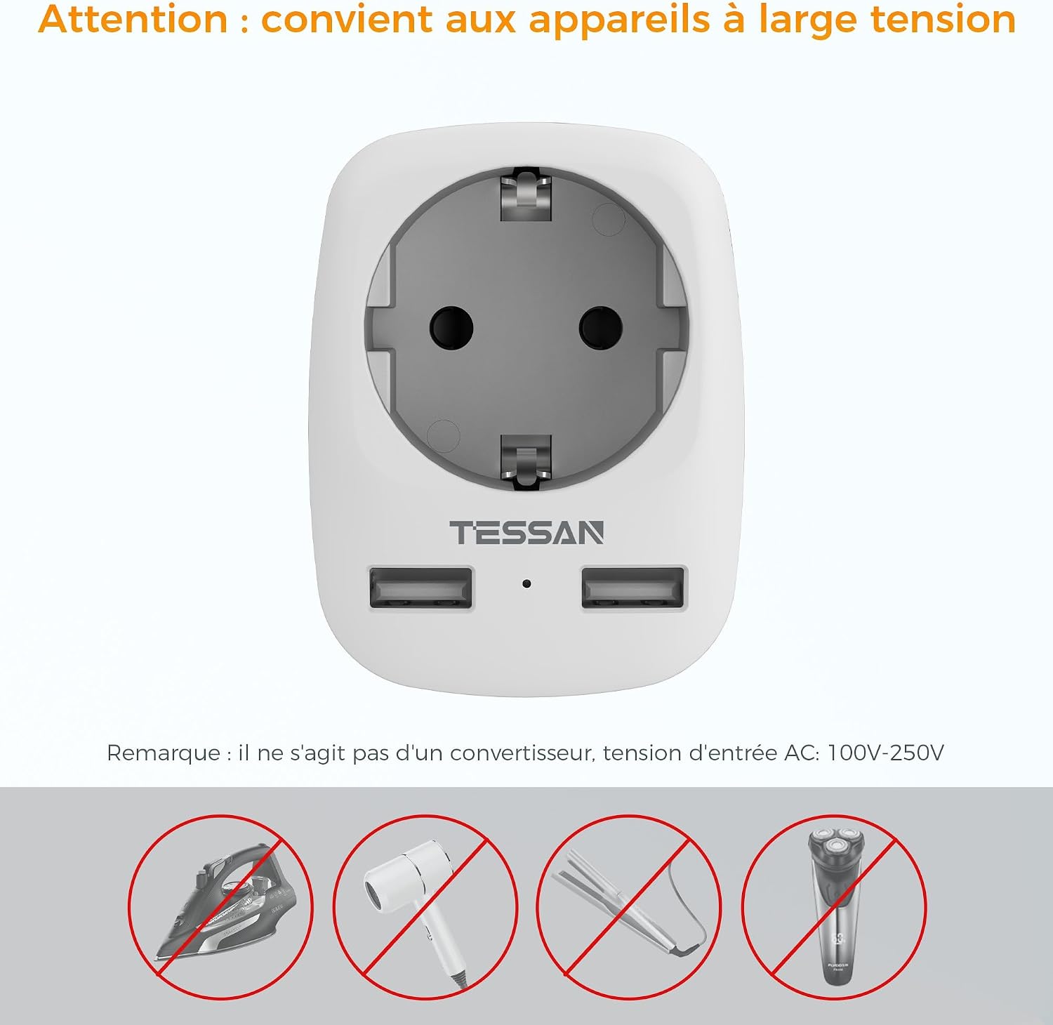 Detalle 2 de TESSAN Pack de 2 adaptateurs prise Inde Type D avec 2 USB (3 en 1) pour Inde, Sri Lanka et Népal