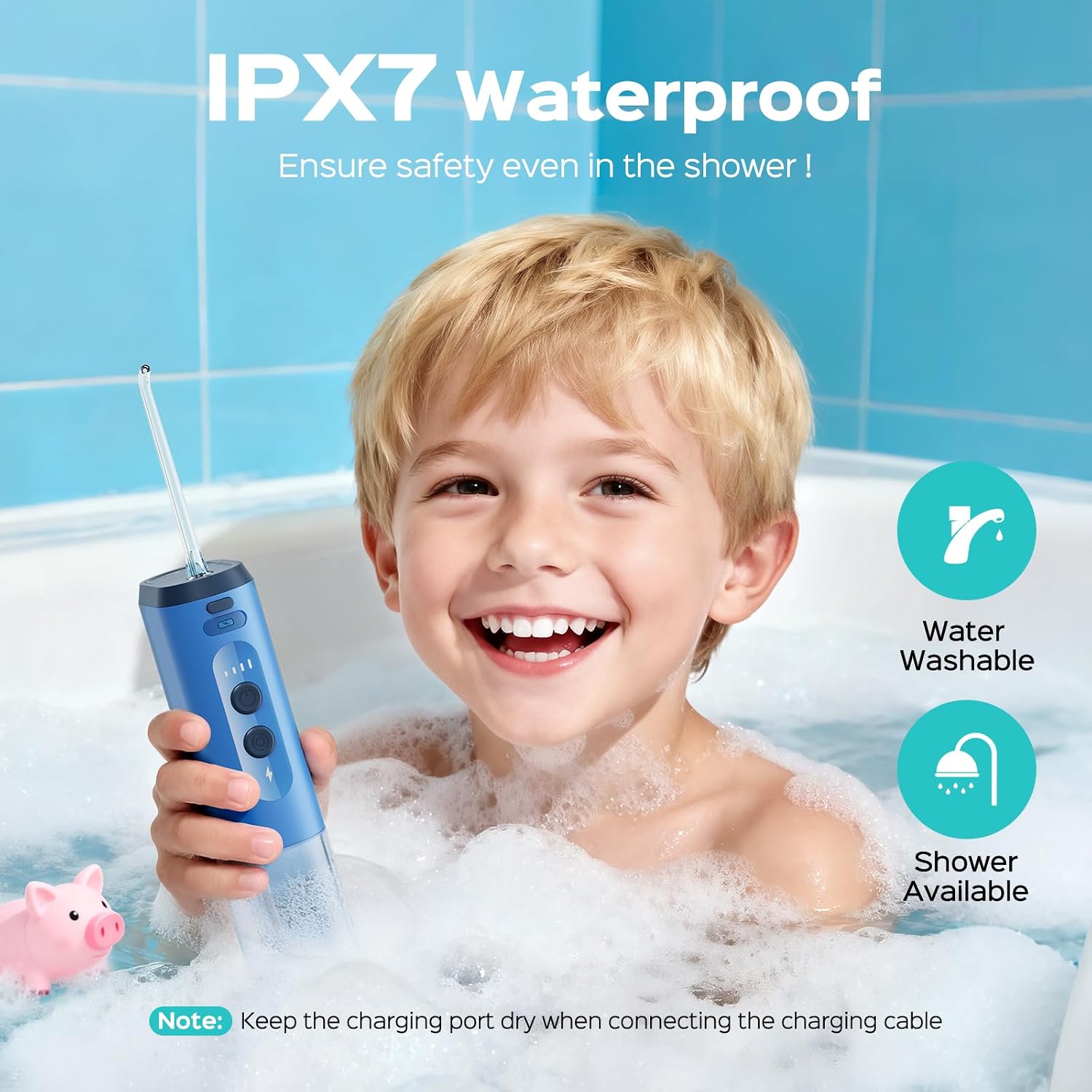 Detalle 2 de COSLUS T40 Portable Water Flosser for Kids (Ages 6+) with 4 Gentle Modes, Braces-Safe Design, DIY Stickers & 4 Nozzles