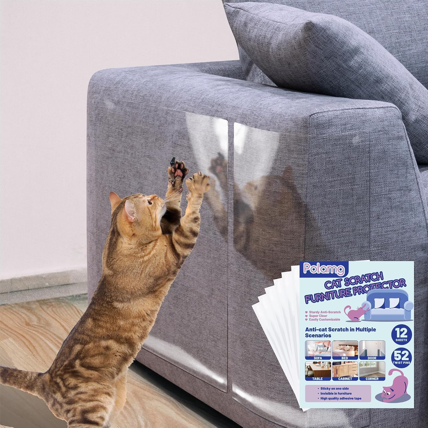 Detalle de Polamg 12P Cat Furniture Protector, 12 Clear Sheets with 52 Twist Pins