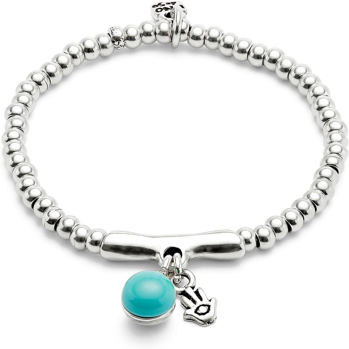 Detalle de UNOde50 Bracciale perline placcate in argento sterling e turchese, vetro di Murano, mano di Fatima
