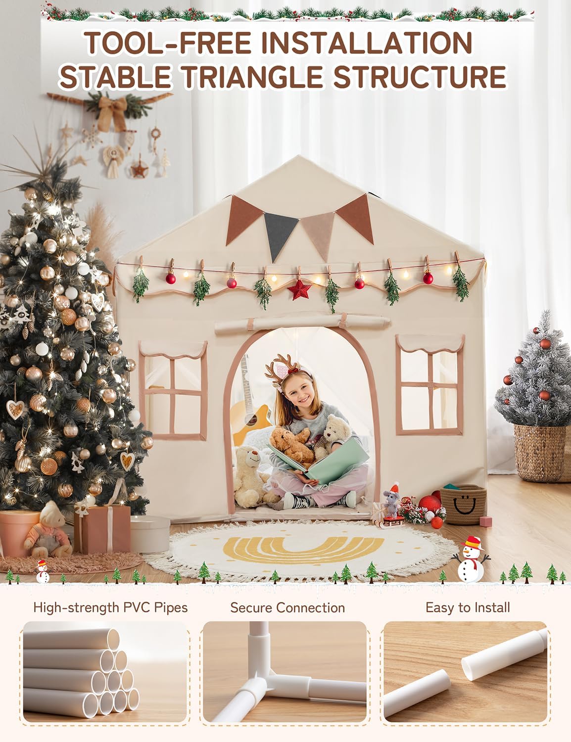 Thumbnail 3 de Besrey Kids Play Tent 2 in 1 with Padded Mat and Lights (Large Indoor/Outdoor Playhouse) — Double-Door Toddler Tent