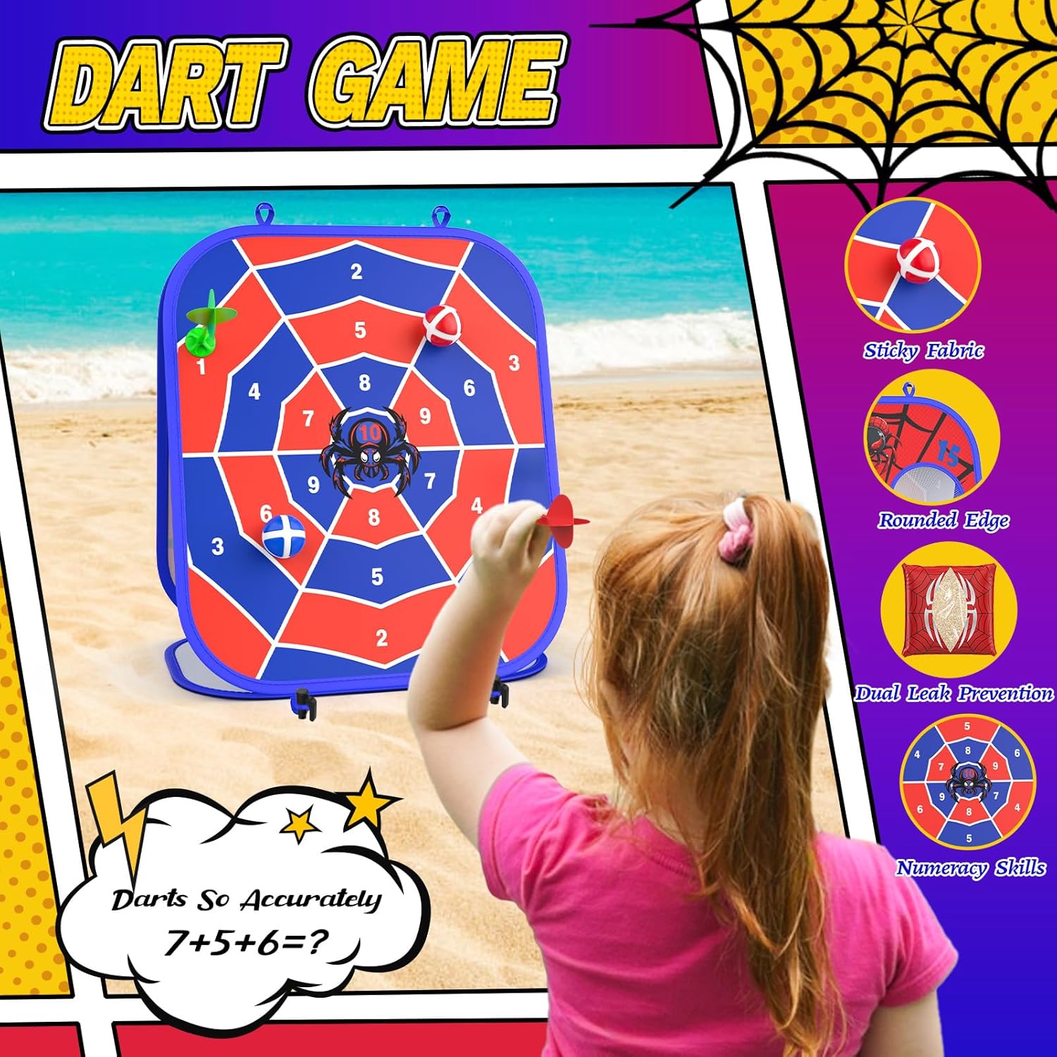 Detalle de Spider Bean Bag Toss Game: 3-in-1 Outdoor Cornhole, Dart & Toddler Football Set
