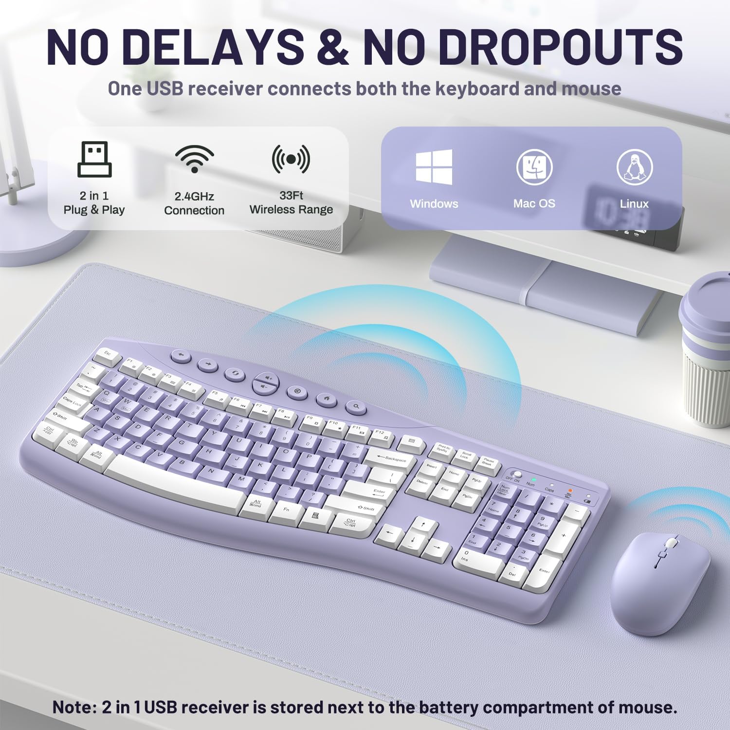 Thumbnail 1 de RECCAZR Wireless Keyboard and Mouse Combo, Quiet Curved Design, Purple