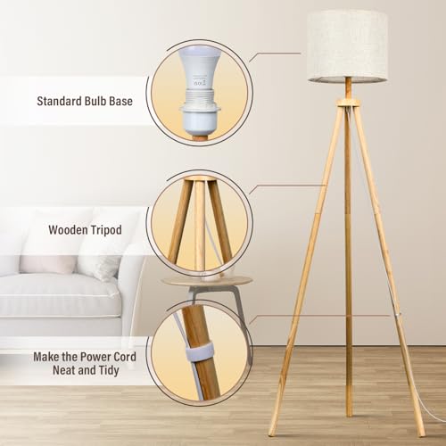 Detalle de NIKYJM Lámpara de Pie Trípode de Madera con Bombilla E27 12W: 3 Colores y Control Remoto