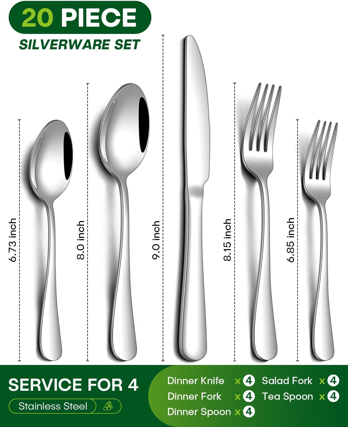 Detalle 2 de PHILIPALA 20-Piece Silverware Set for 4, Stainless Steel, Mirror-Polished