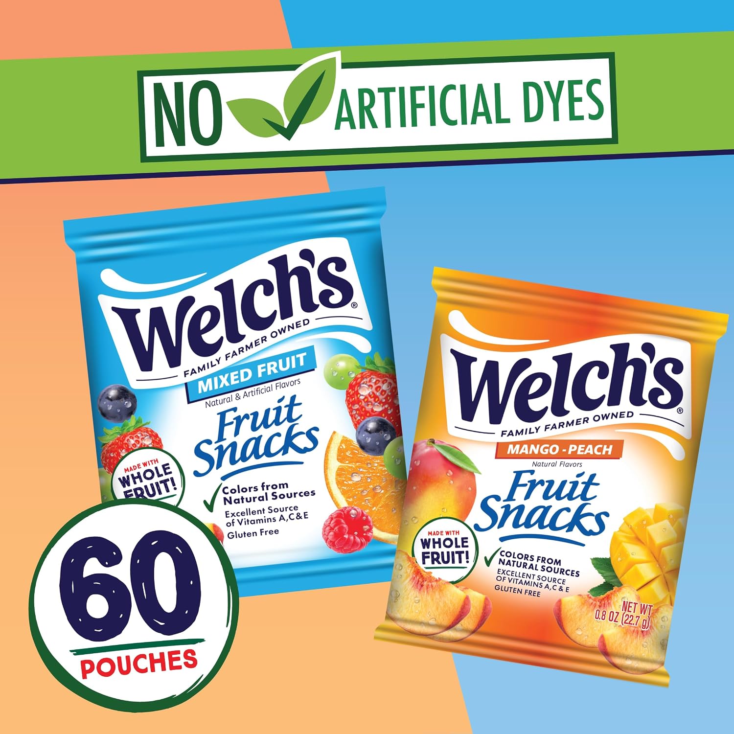 Detalle de Welch's Fruit Snacks, Mixed Fruit & Mango Peach, 0.8 oz, 60 Count
