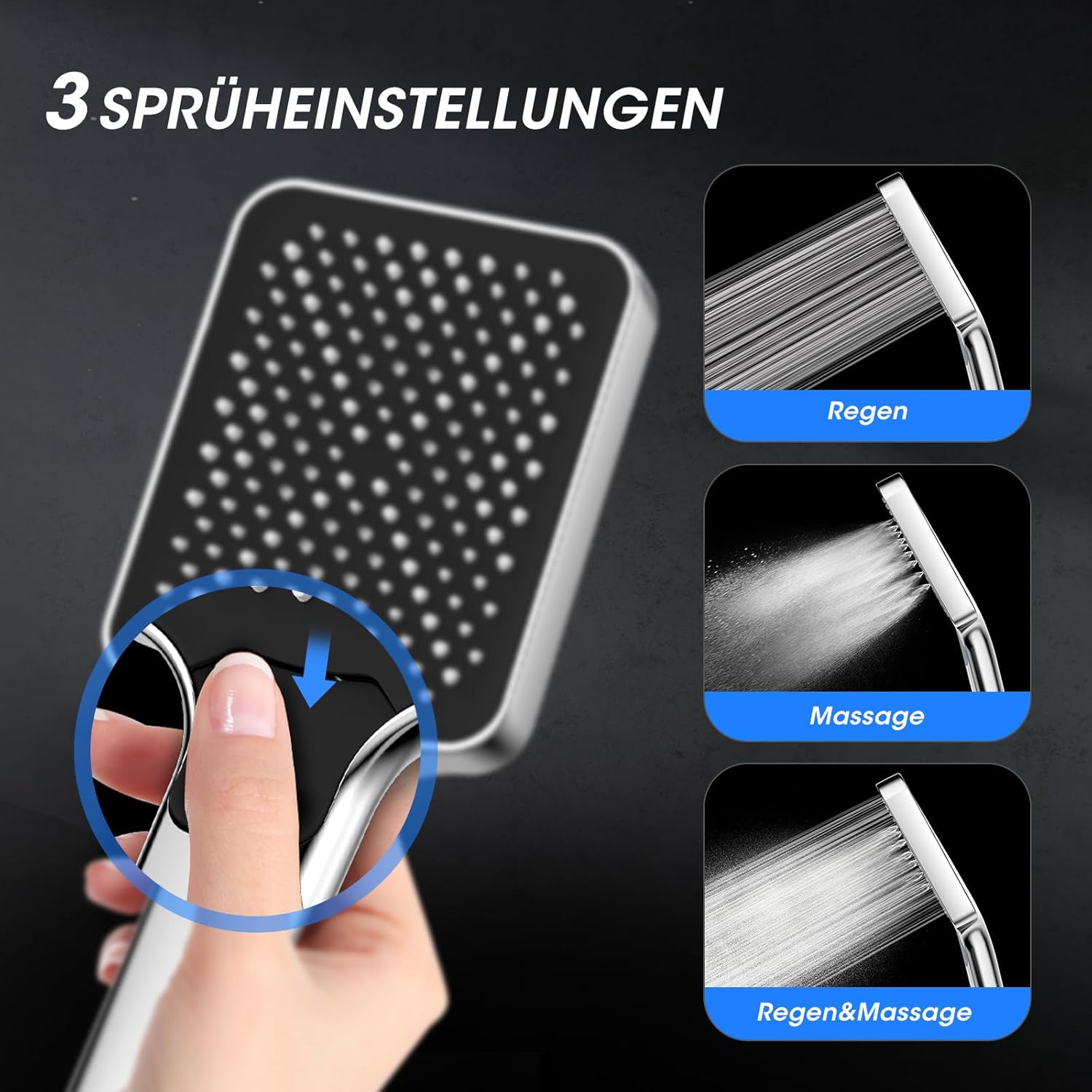 Thumbnail 5 de FASDUNT Duschkopf mit Schlauch 2 m – Hochdruck-Regendusche mit 9,5 l/min Durchflussbegrenzer und 3 Strahlarten