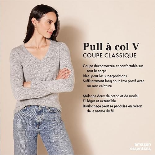 Thumbnail 1 de Amazon Essentials Pull Léger Coupe Classique à Col en V – Femme, Noir, Taille L