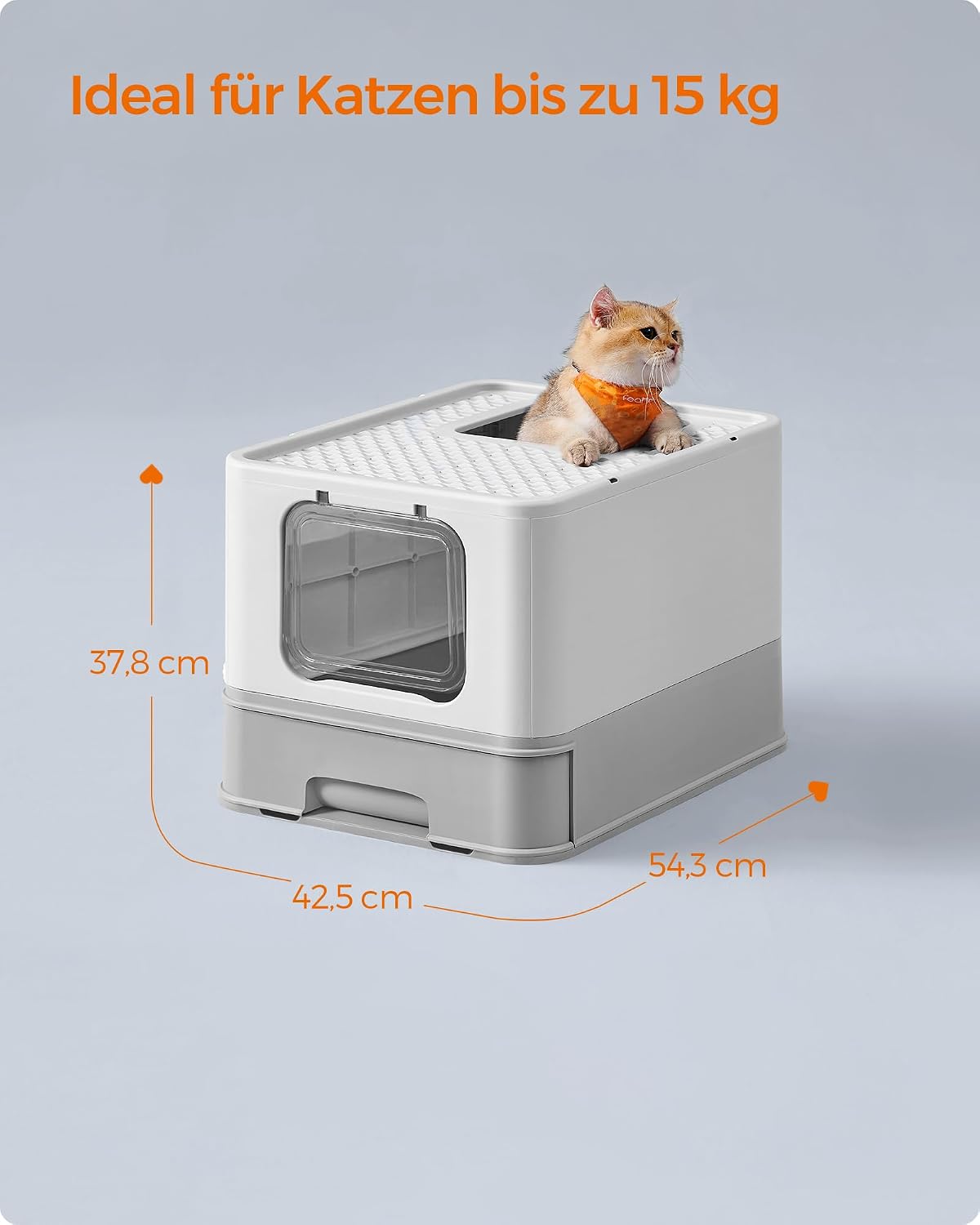 Detalle 2 de Feandrea Katzentoilette mit Deckel, ausziehbares Tablett und Schaufel – ideal für große Katzen bis 15 kg