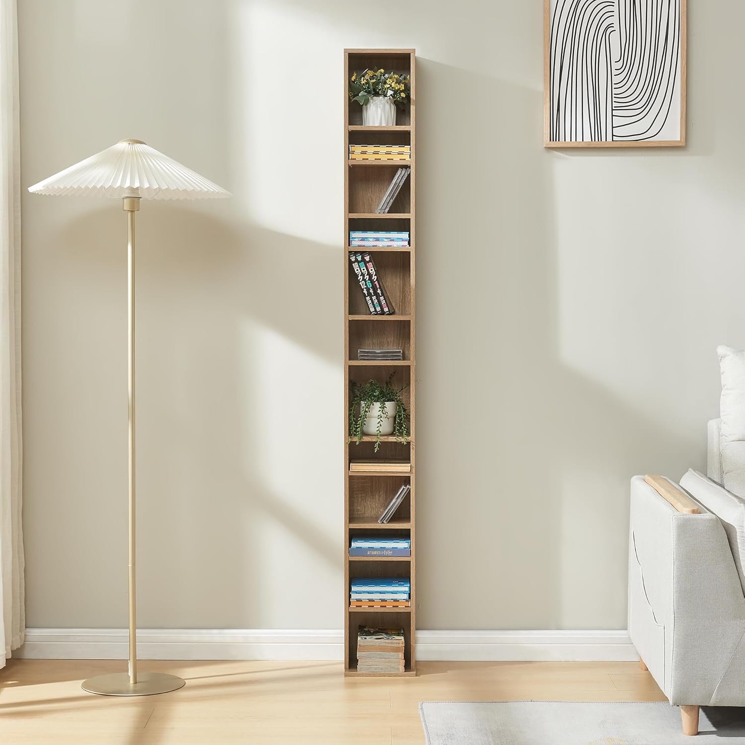 Thumbnail 1 de [en.casa] Tour CD/Étagère DVD avec 12 surfaces de stockage réglables, 175 x 20 x 20 cm, effet chêne Sonoma