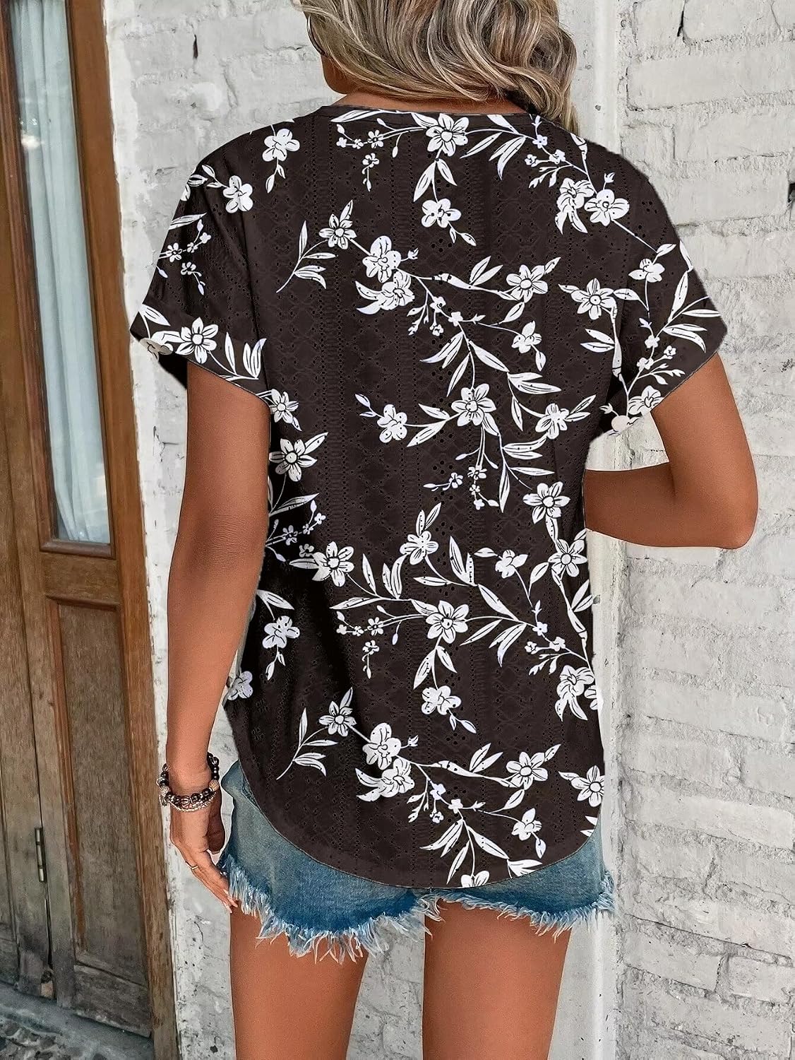 Thumbnail 3 de Cuptacc Damen Sommertop mit Lochstickerei, Rundhalsausschnitt & Fledermausärmeln – Kurzarm Tunika-Style