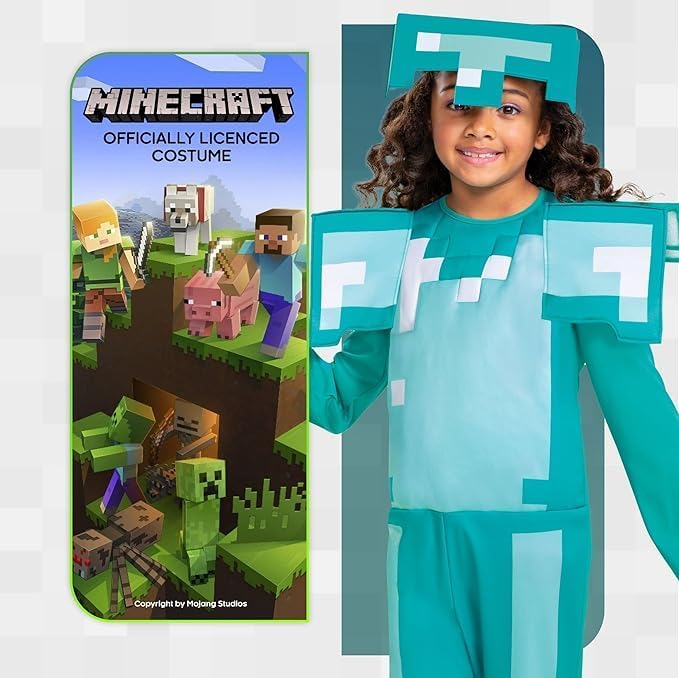 Detalle de Minecraft officieel kinderkostuum met halfmasker en afneembare schouderbeschermers