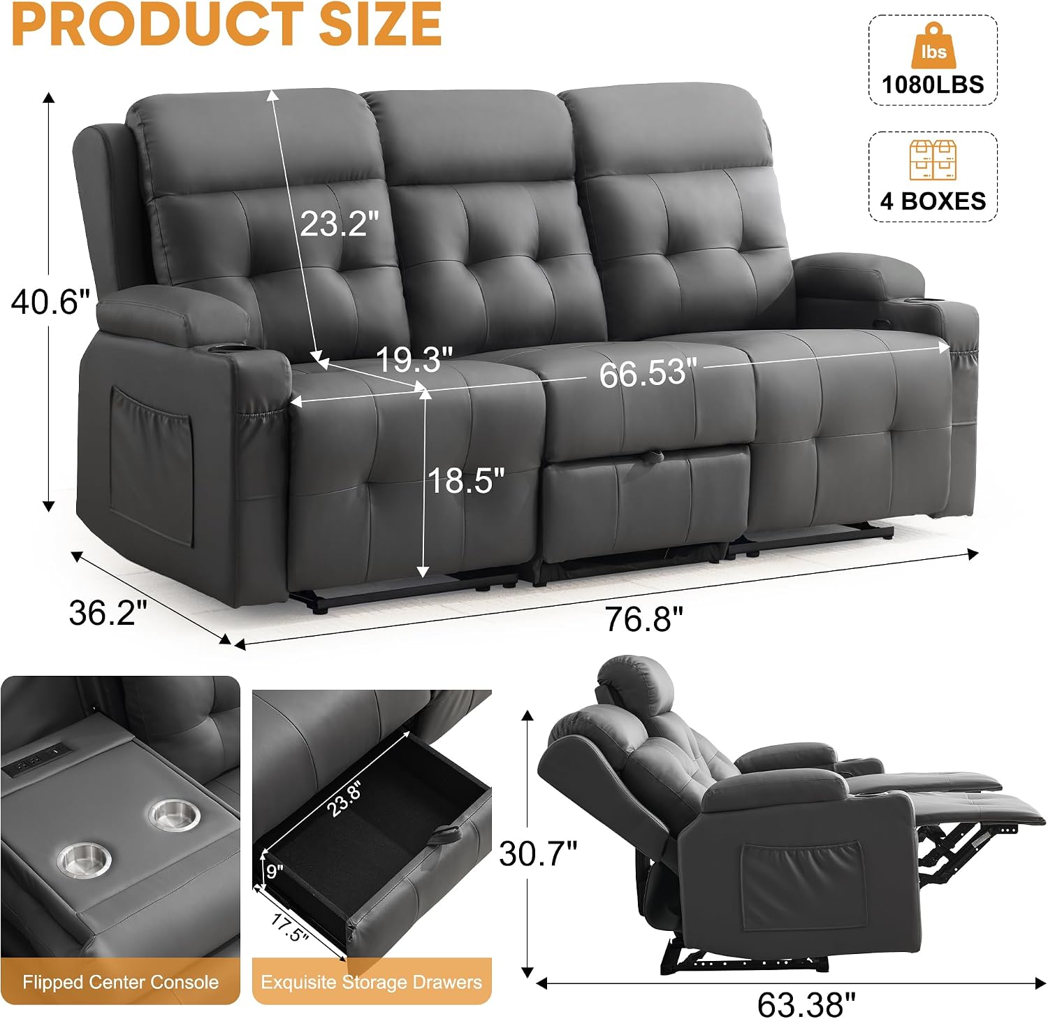 Detalle 2 de Korser LS-1066-Grey-NEW 3-Seat Recliner Sofa with PU Leather & Flip-Back Console