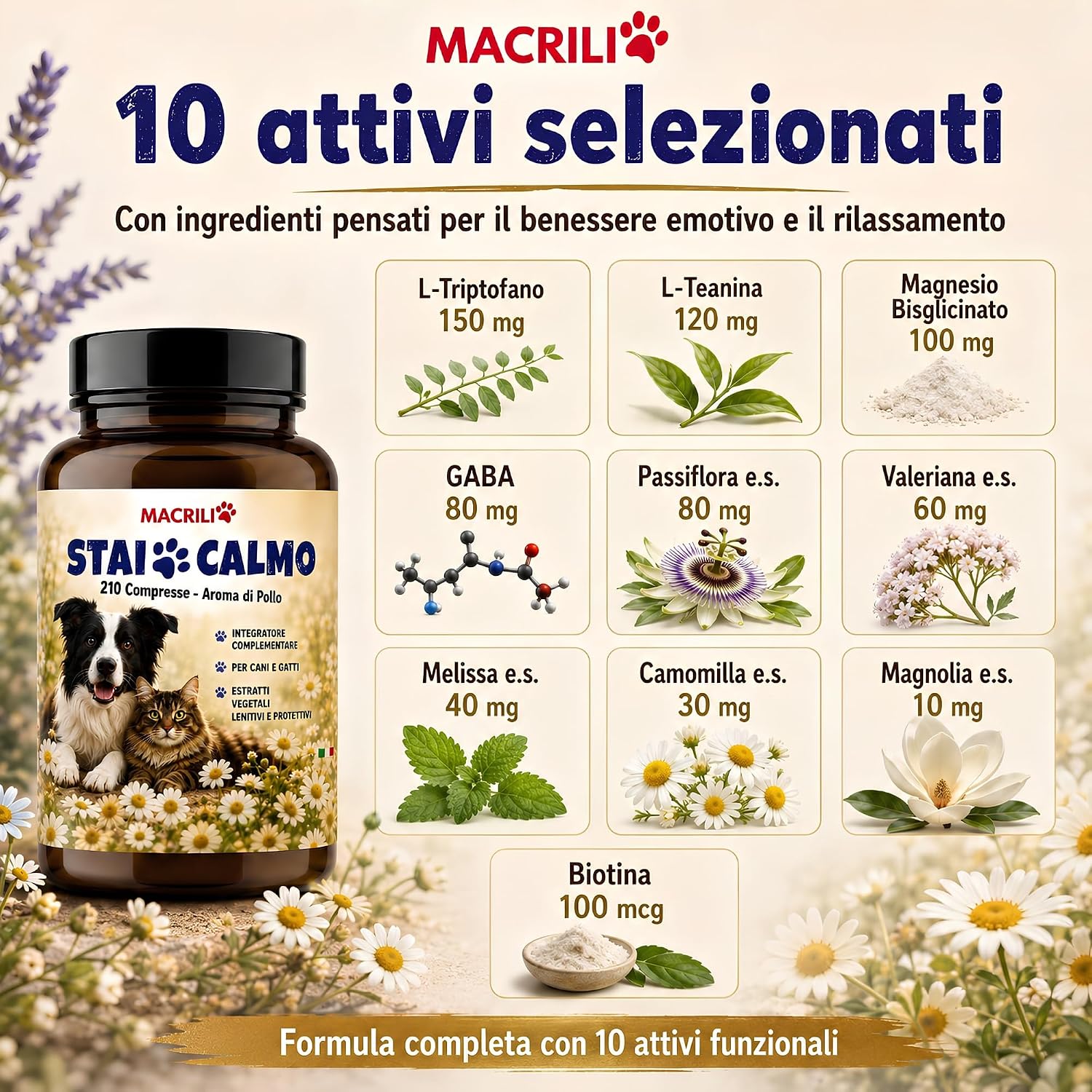 Detalle de MACRILI Calmante Cane e Gatto 210 Compresse Aroma Pollo: supporto calmante per cani e gatti nervosi
