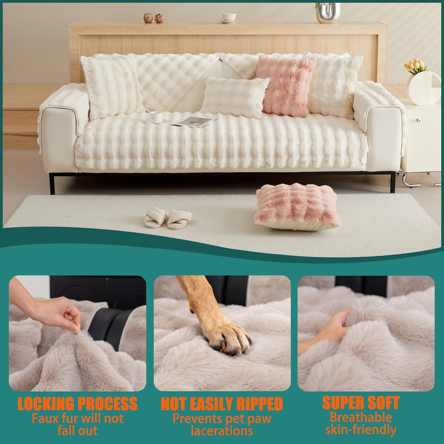 Detalle 2 de Cshionary FF Fuzzy Sofa Cover, White Plush Polyester, Non-Slip
