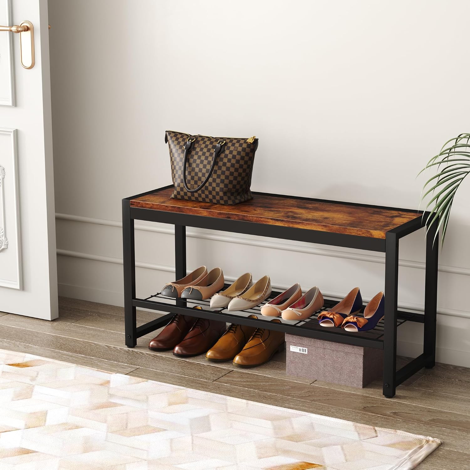 Detalle 1 de HOMEFORT HB-XD572-A-BBR03 Shoe Bench, Rustic Brown MDF Top and Metal Frame
