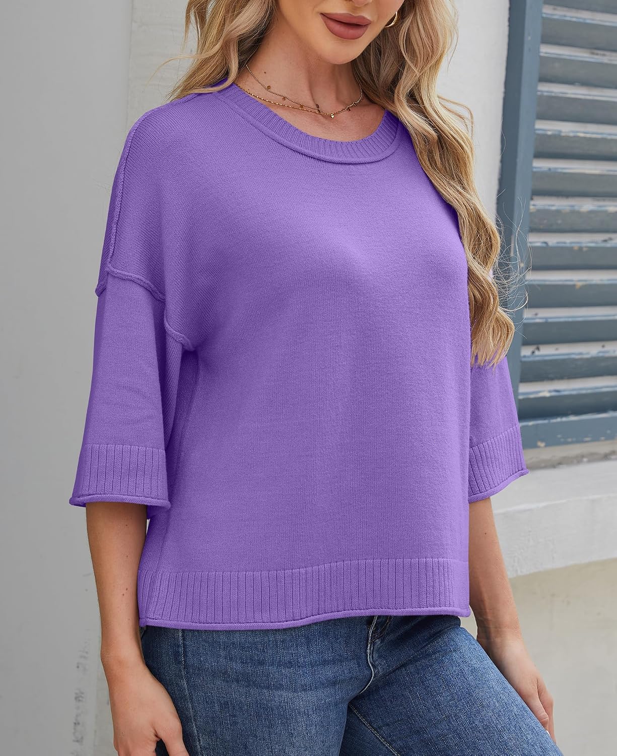 Detalle 2 de Women's Cropped Knit Pullover Sweater, Crew Neck, Loose Fit, Ribbed Trim