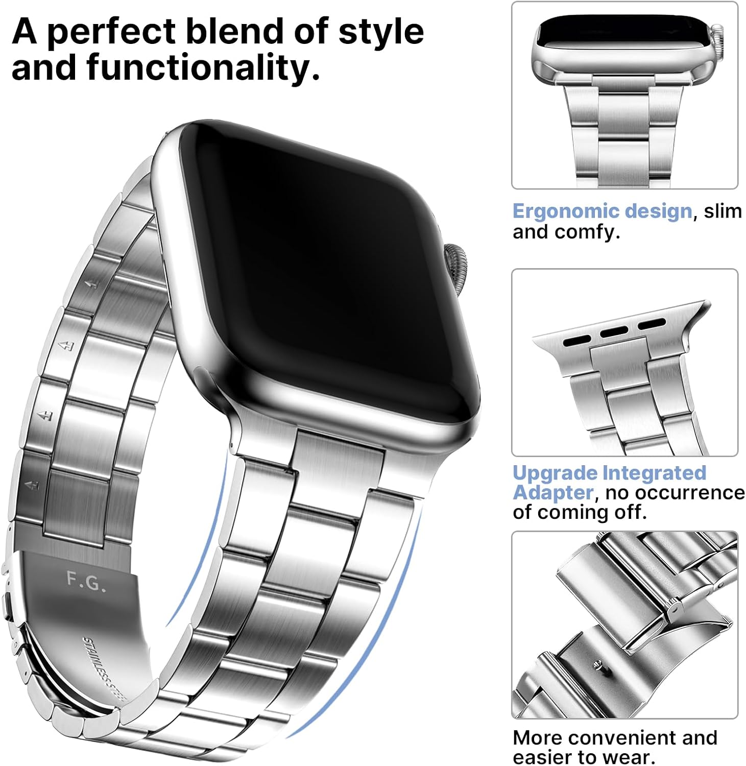 Detalle de Fullmosa Stainless Steel Apple Watch Strap with Case — 38mm/40mm/41mm, Upgraded Solo Link Design for SE to Series 9 (Silver)