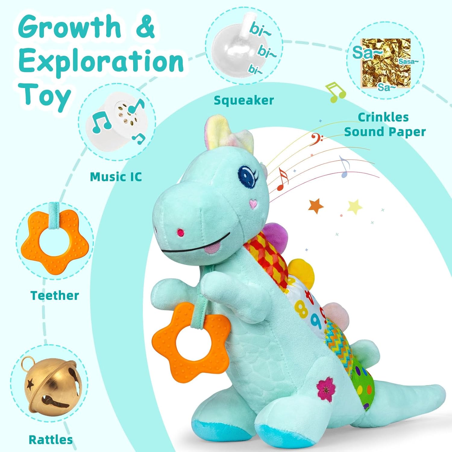 Detalle de Baby Dino Plush 5-in-1 Musical Dinosaur Toy for 0-12 Months