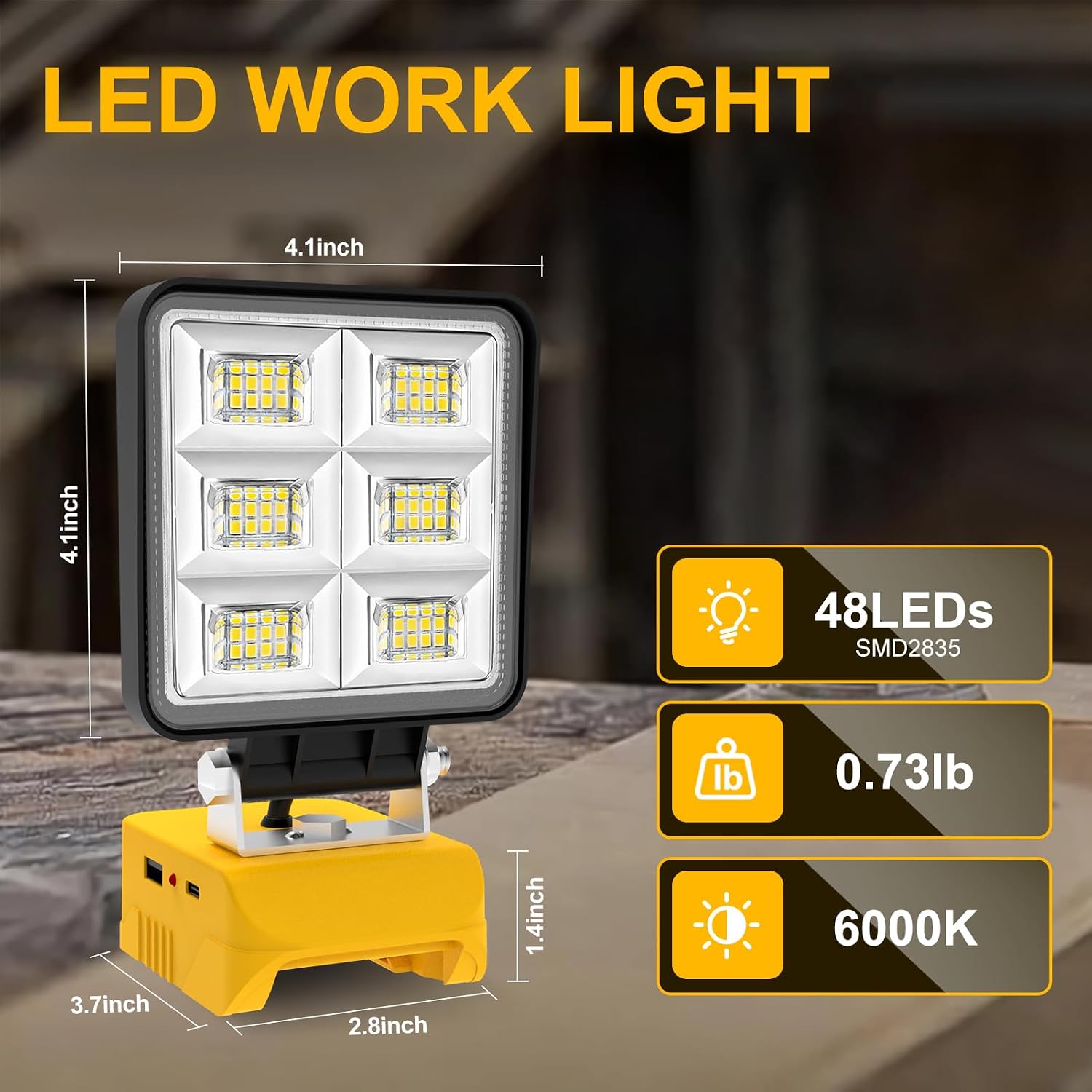 Detalle 2 de NATPOW LED Work Light compatible with DeWalt 18V battery (2-mode flood light, USB & Type-C) – cordless worksite lamp (No battery)