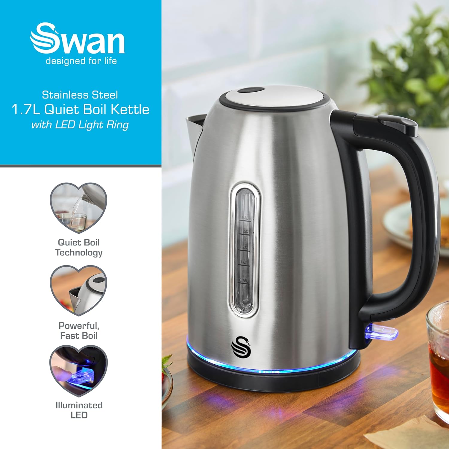 Thumbnail 1 de Swan Quiet Boil Cordless Kettle, 3kW Fast Boil – SK19035SS