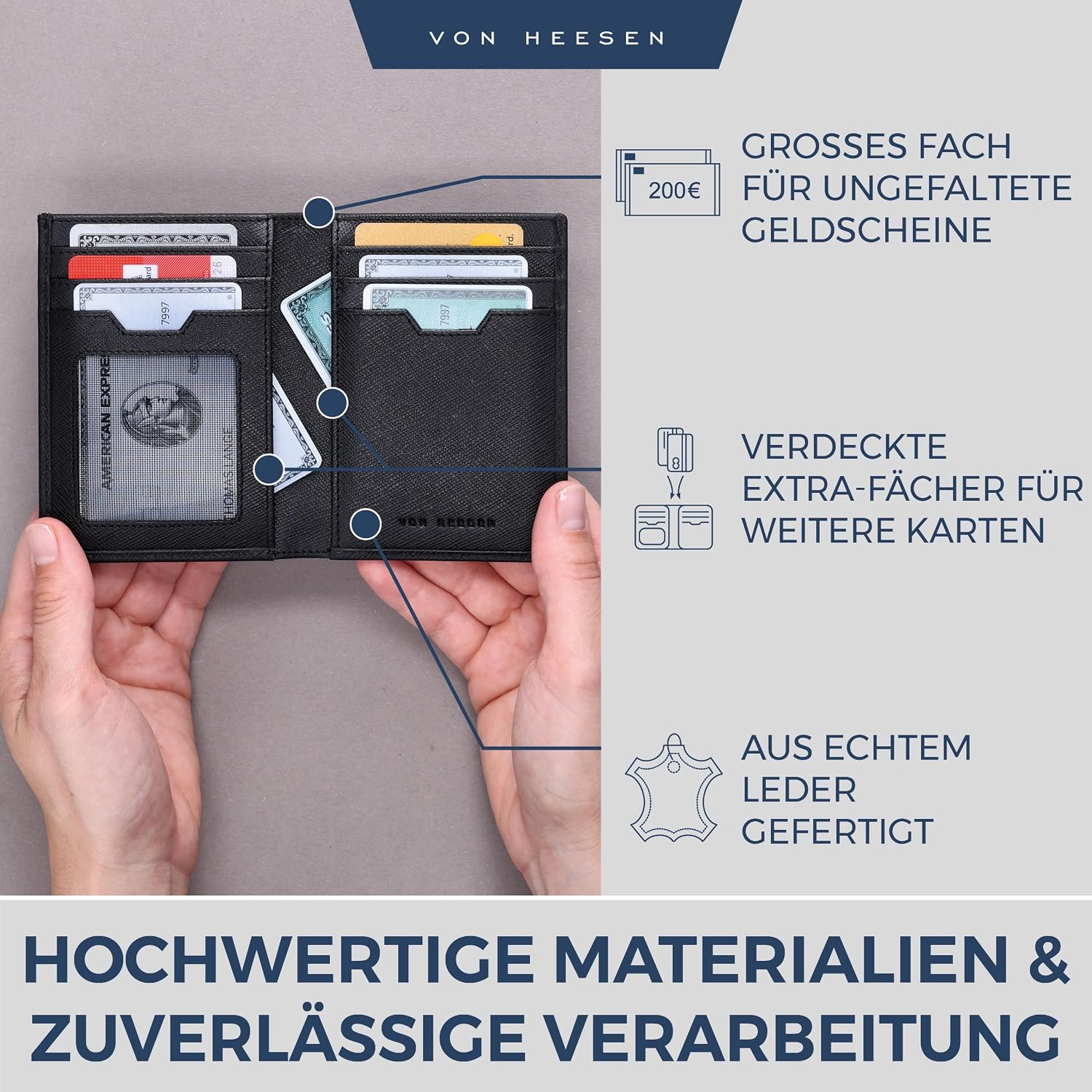 Detalle de VON HEESEN Leder Geldbörse mit Münzfach & RFID-Schutz – Saffiano Schwarz