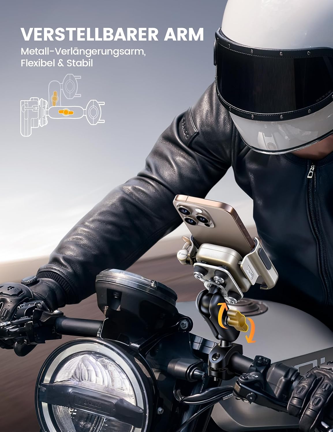 Detalle de Lamicall Handyhalterung Motorrad & Fahrrad – Ganzmetall, vibrationsgedämpft, Lenkerhalter mit Verlängerungsarm (für 4,7–7,2 Zoll)