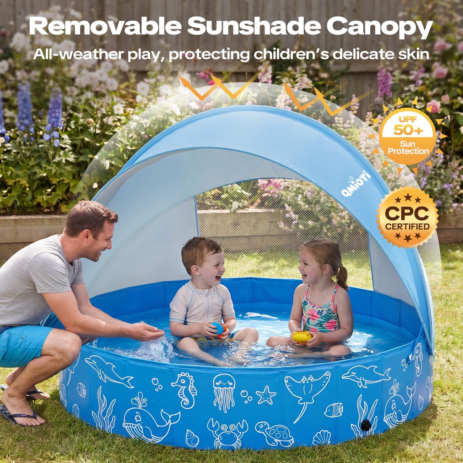 Detalle 2 de Qmioti 63in Kiddie Pool with Canopy – Foldable, Portable Shade Pool for Kids and Pets
